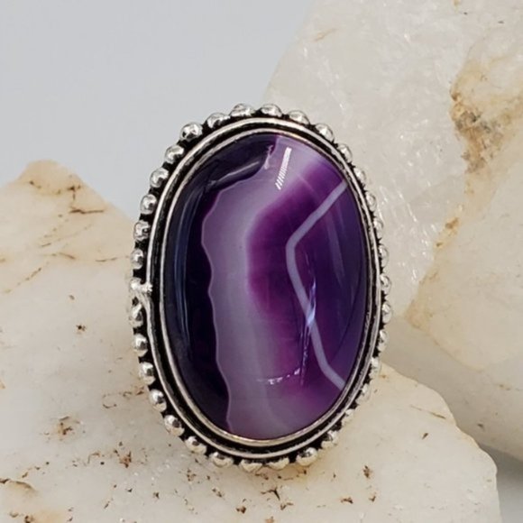 Handmade Jewelry - Oval Lace Agate Stone Silver Ring Purple Color